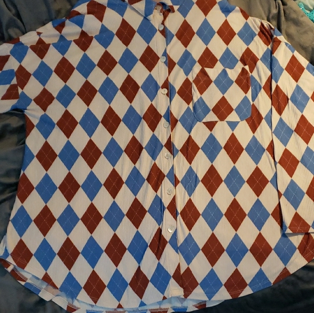 Womens Argyle Pattern Shirt - Blue, Cream and Brown